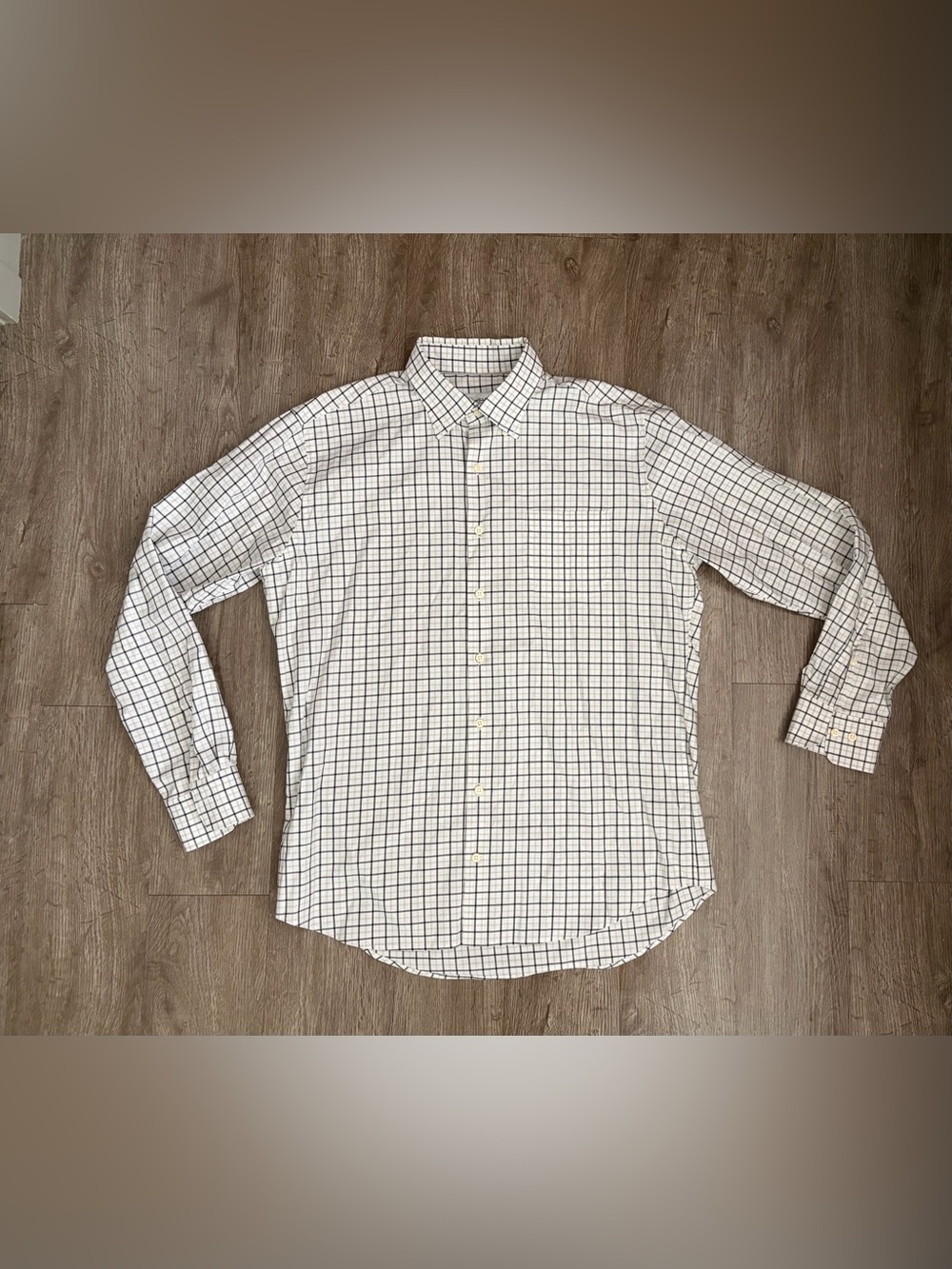 Peter Millar Men's Dress Shirt Large White Black Windowpane Check Cotton